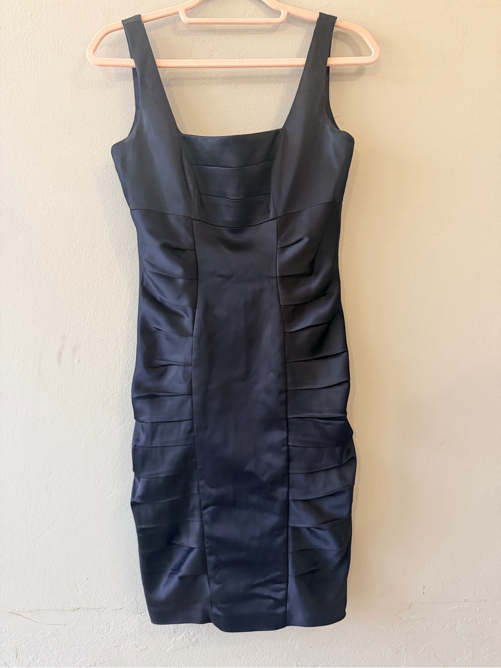 Jax Navy Satin Midi Sheath Dress with Pleated Side Panels